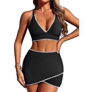 ZAFUL Women's High Waisted Bikini with Skirt Whip Stitch 2 Piece Swimsuits Tummy Control Bathing Suit, Size 2XL, Black