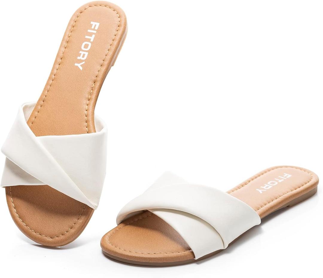 FITORY Women's Flat Sandals Fashion Slides With Soft Leather Slippers for Summer (10, White)