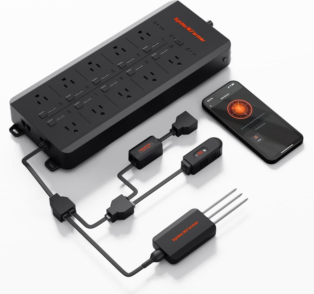 Spider Farmer GGS AC10 Power Strip Kits, 10 AC Smart APP-Based Controls Outlets, 3 in 1 Soil Sensor, Temp Humid Light Sensor, for Indoor Grow Tent Plants Room