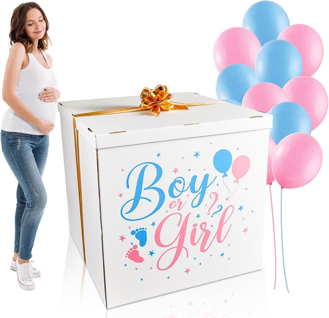 28 Inches Extra Large Gender Reveal Gift Box Kit with Oversized One Sided Printing Box Giant Pull Bows Balloon Ribbon for Gender Reveal Baby Shower Birthday Party Decor Supplies Not for Heavy-Duty