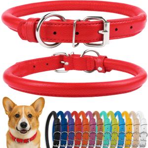CollarDirect Rolled Leather Dog Collar, Soft Padded Round Puppy Collar, Handmade Genuine Leather Collar Dog Small Large Cat Collars 13 Colors (15-19 Inch, Red Smooth)