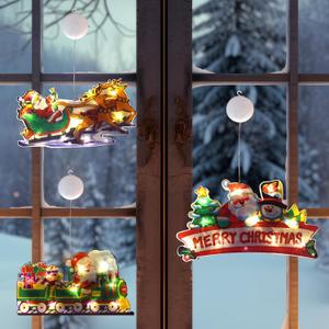 Lemical Christmas Window Lights Decorations 3Pack Battery Powered Xmas Hanging Light Merry Christmas Train Santa Sleigh LED String with Suction Cup for Xmas Tree Party Fireplace Indoor Decor