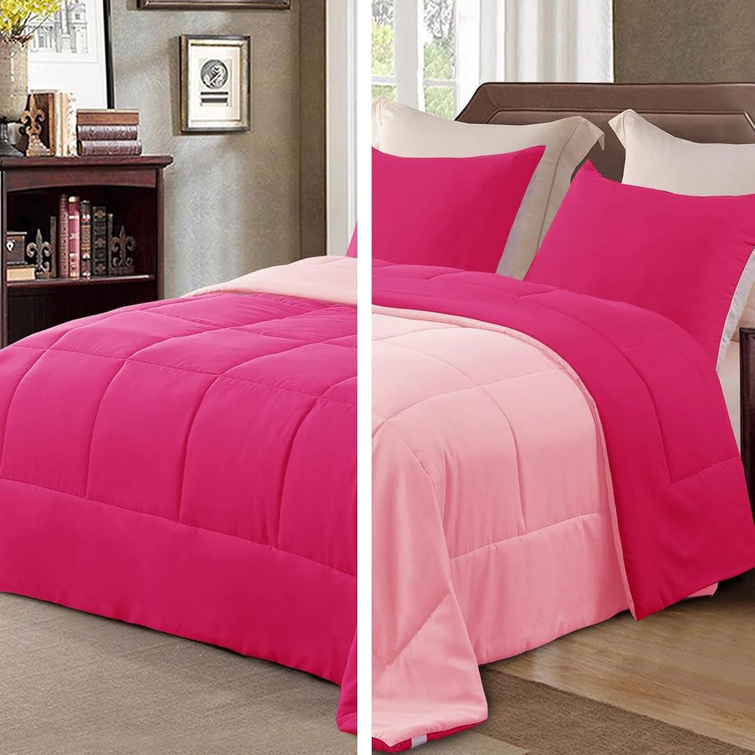 Exclusivo Mezcla Lightweight Reversible Queen Size Comforter Set, Down Alternative Comforter with 2 Pillow Sham, Queen Size Bedding Set for All Seasons, Hot Pink/Bright Pink