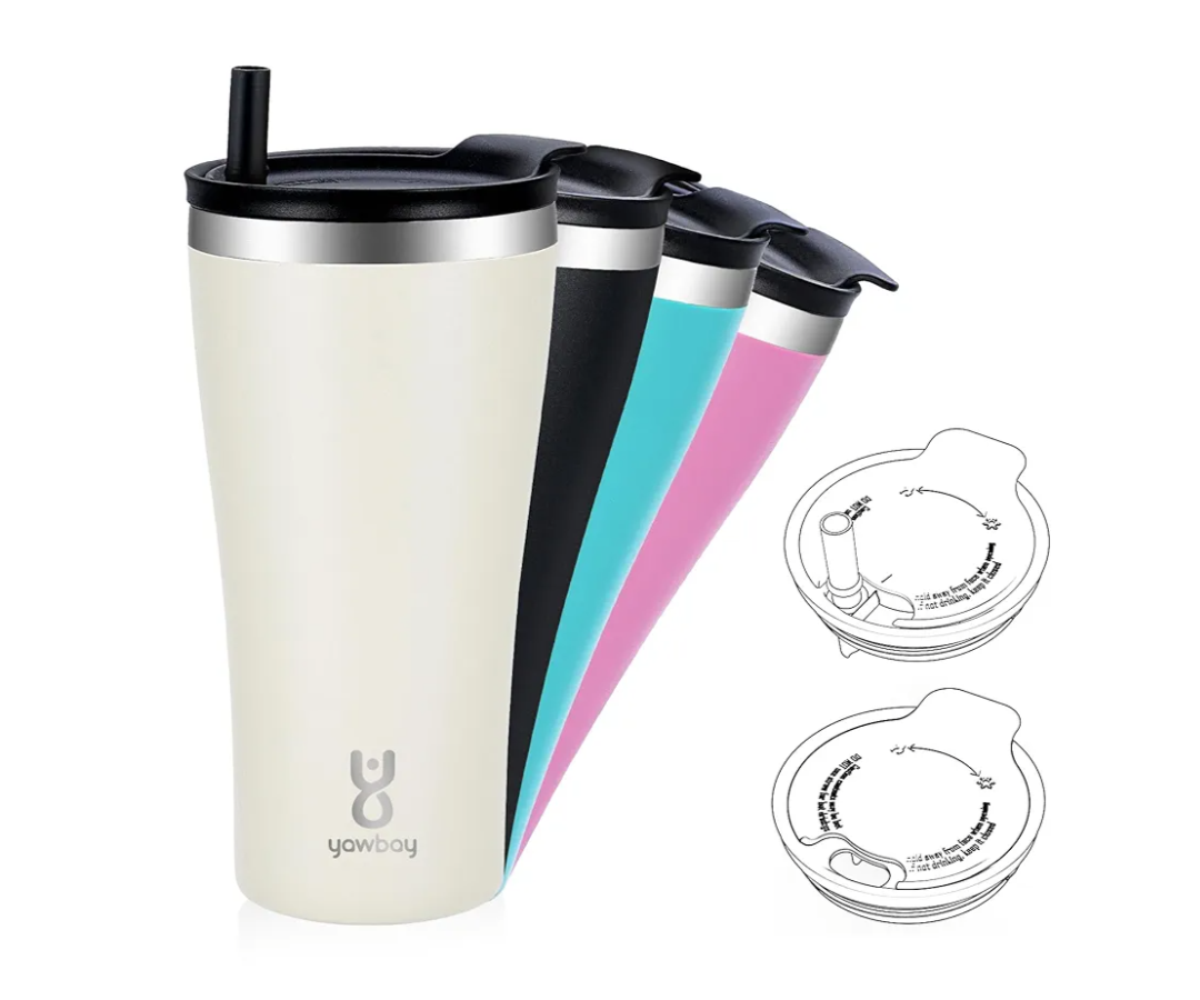 Insulated 20 oz Coffee Tumbler With Built-In Straw, Travel Coffee Mug With 2-In-1 Lid, Spill Proof Tumbler With Straw, Stainless Steel Double Wall Vacuum Ice Coffee Thermal Cup (Pink), Medium
