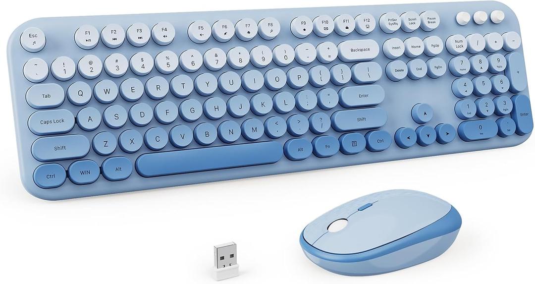 Wireless Keyboard and Mouse Combo, 2.4GHZ Typewriter Retro Full Size Keyboards, Cute Colorful Computer Keyboard and Wireless Mouse for Laptop/Desktop/Windows/PC (Blue Gradient)