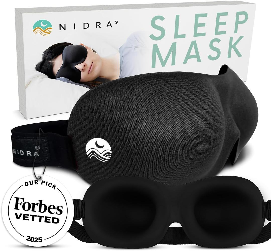 Nidra Contoured Sleep Mask for Side Sleepers Zero Pressure Fit, Light Blocking Eye Shade for Sleeping & Travel Black, Standard Size