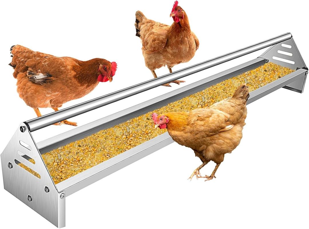 RYFT Chicken Feeding Trough 45", Heavy Duty Galvanized Steel Chicken Feeder with Crossbar, Holds 12 Chickens with Drainage Holes, Large Capacity Poultry Feeder Trough for Duck Geese Turkey Pigeon (Silver)