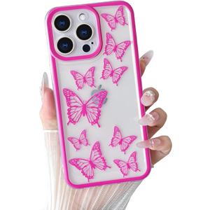 Yeddabox Compatible for iPhone 13 Pro Case Butterfly Cute Phone Case Transparent Full Camera Protection Soft TPU Shockproof Cover for Women Girls - Hot Pink