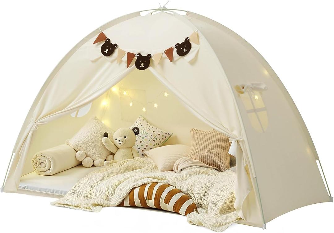 Twin Bed Tent for Kids, Girls Bed Tent Canopy Sleeping Tent Privacy Space Dream Playhouse with Stars Light & Flags, Toddler Indoor Floor Play Tent for Boys & Girls, Birthday Childrens Gift, Beige