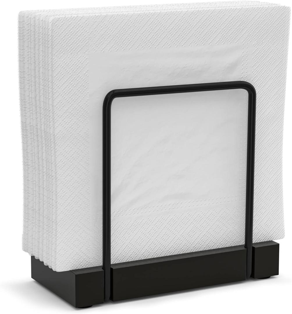 Wican Napkin Holder for Table, Bamboo Iron Standing Napkin Dispenser for Kitchen Dining Farmhouse Cocktail Picnic Bar Rustic Wood Holders for Paper Mail Bills Suitable for All Dining Room Decors Black (5.78*2.51*5.04 inch)
