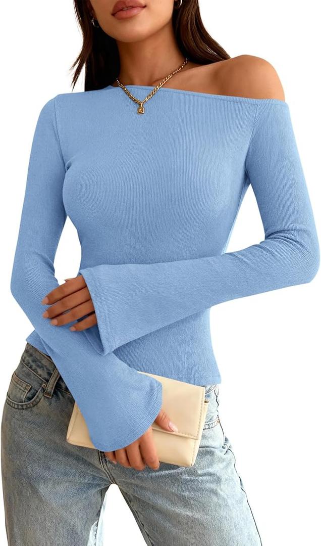 Zenlonr Long Sleeve Shirts for Women 2025 Fall Off The Shoulder Tops Casual Slim Fitted Knit T-Shirt Y2K Clothes, XS