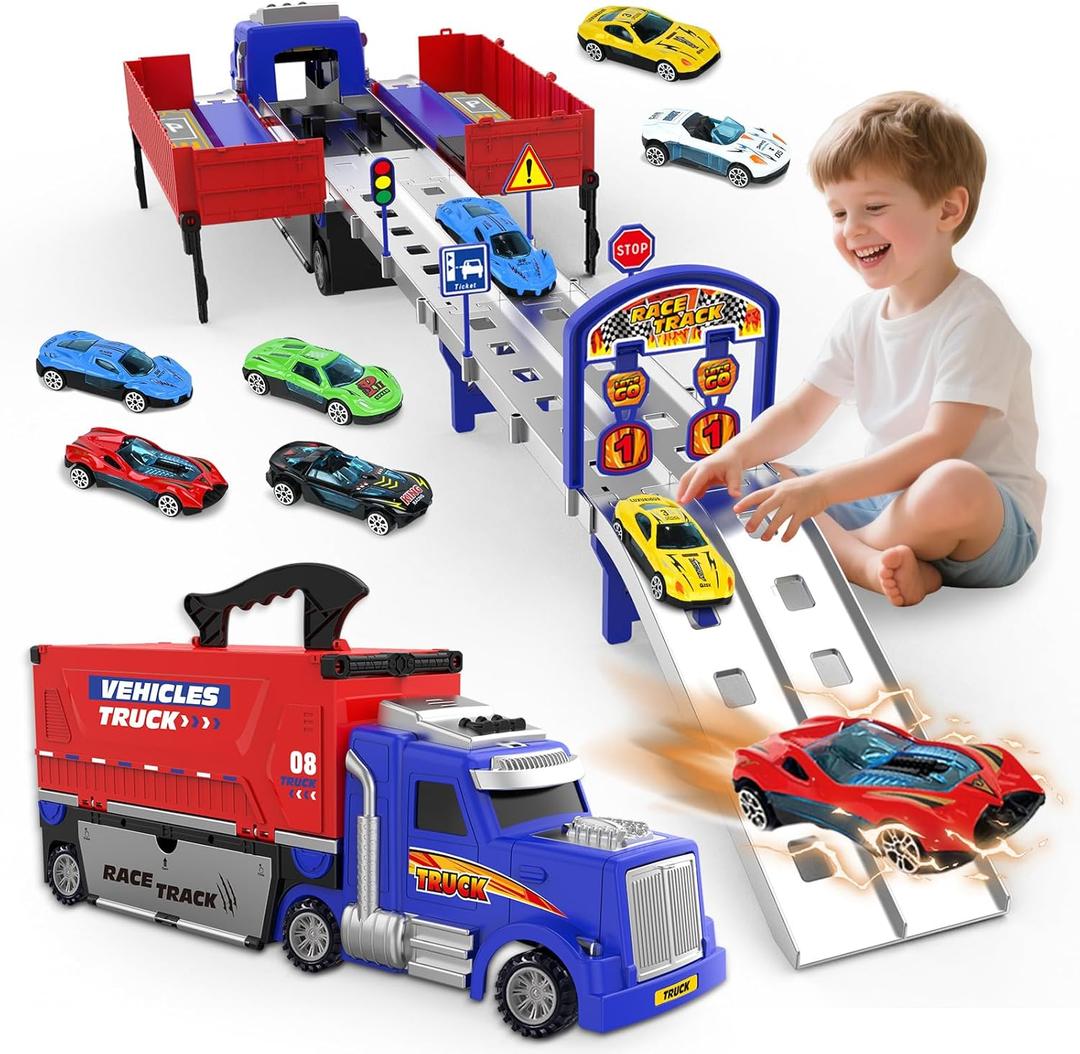 SpringFlower Carrier Truck Race Track Toys, Boy Toys for 3 4 5 6 Years Old Boys with Lights Sounds, Transporter Race Track with 6 Die-Cast Car, Vehicle Toy for Kids Birthday Gifts