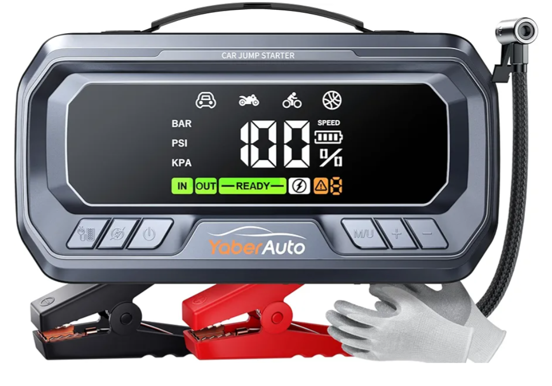 YaberAuto Jump Starter Power Bank with Compressor, 160 PSI 8000 A Car Jump Starter, PD 65 W Jump Starter Power Bank for All Petrol and 12.0 L Diesel Engine, Jump Starter with 600 Lumen Emergency Light and 3.3 Inch LCD Screen