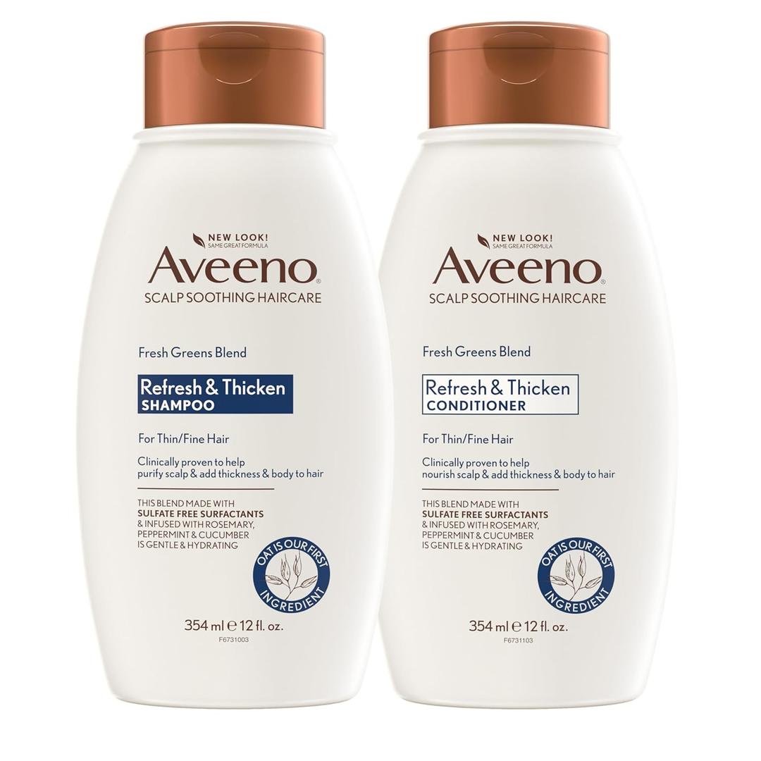 Aveeno Fresh Greens Shampoo and Conditioner Set, Sulfate Free, Clarifying & Volumizing for Thin or Fine Hair, Rosemary Peppermint Cucumber Nourish & Thicken, Color Safe Paraben Free, 12 Fl Oz, 2 Count