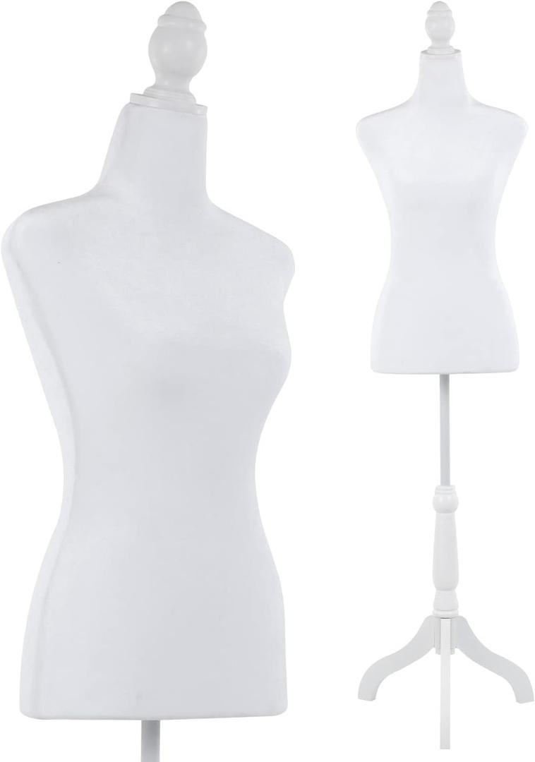 Mannequin Body Dress Form Torso Female Manikin 49.6-63.4 Inch Height Adjustable Wooden Tripod Stand High Density Foam Portable Display Mannequin (White)