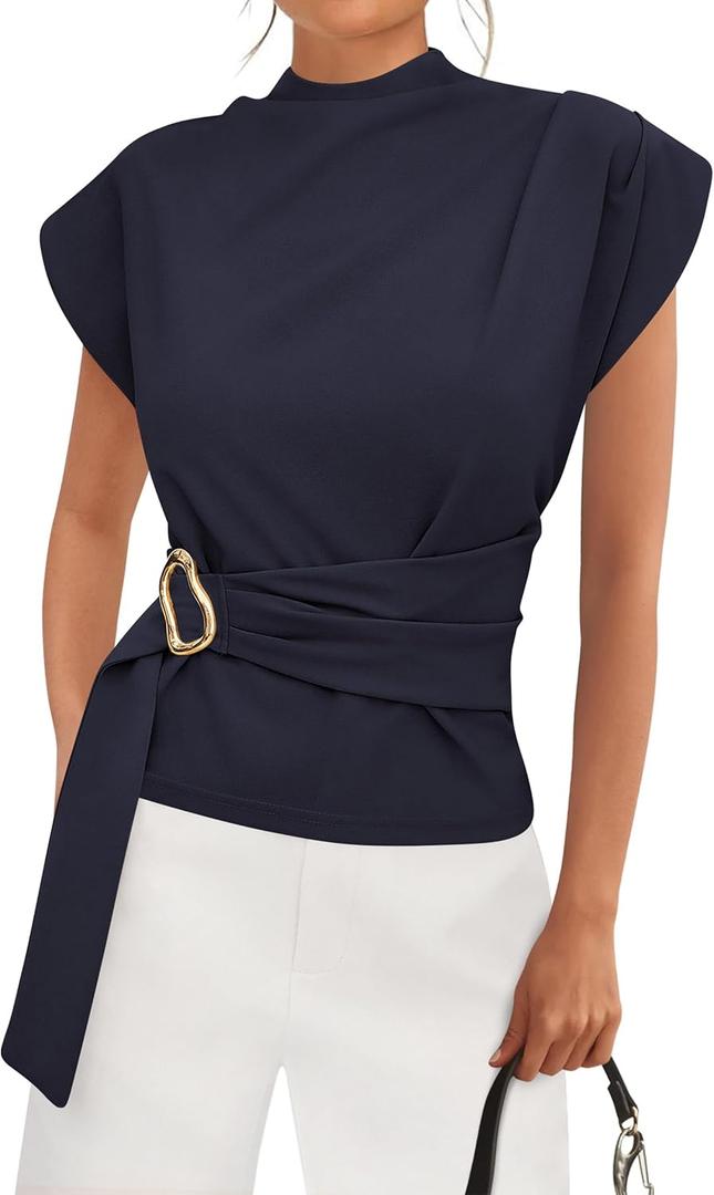 PRETTYGARDEN Women Blouses Spring Dressy Cap Sleeve Mock Neck Work Shirts Buckle Tunic Summer Business Casual Tops 2026, S