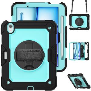 for iPad Air 11 inch Case 2025 M3 2024 (M2), Protective 360 Rotating Stand Hand/Shoulder Strap, Pencil Holder & Shockproof Silicone and Hard PC Case for iPad Air 11", Blue