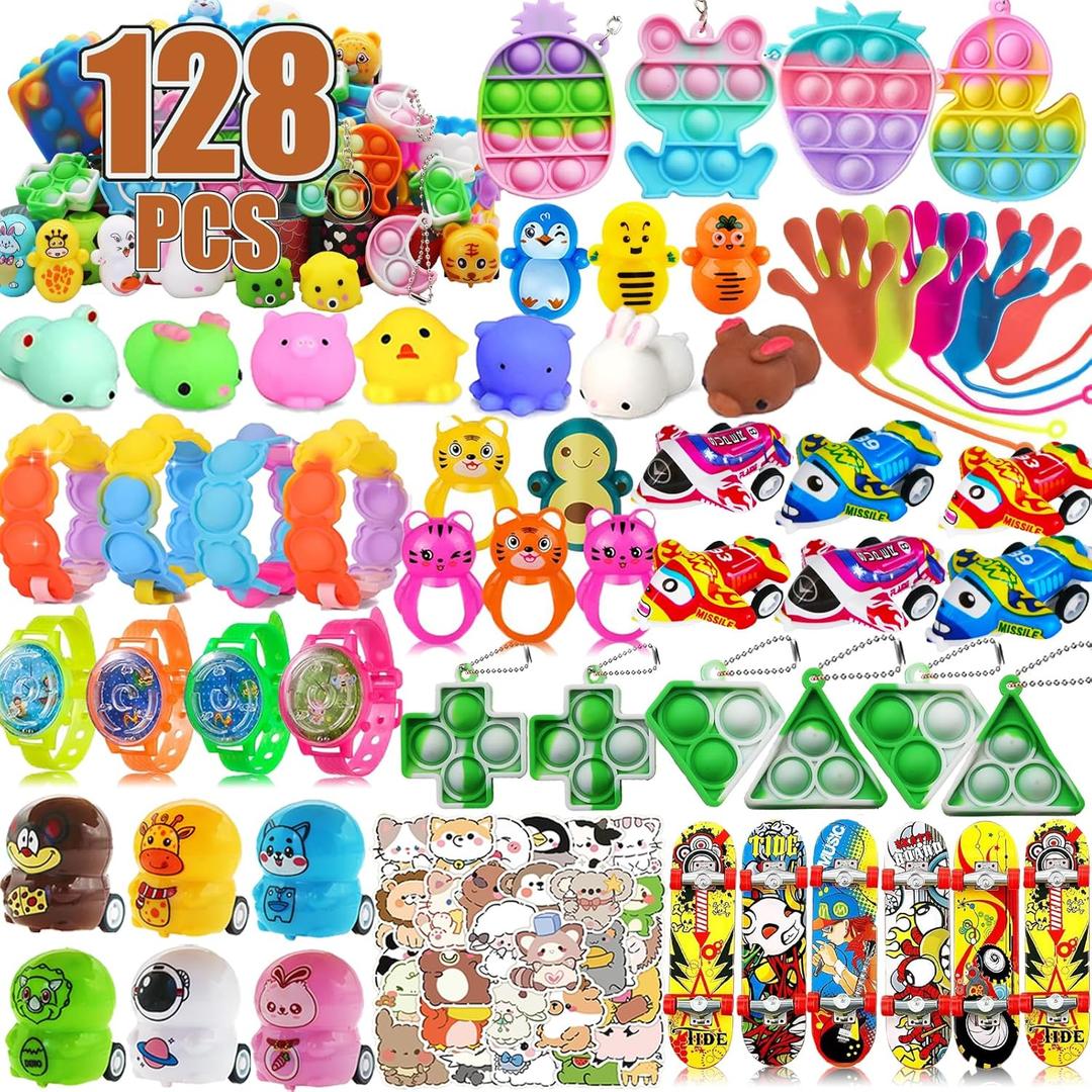 128 Pcs Party Favors for Kids, Pop Fidget Toys Bulk, Easter Egg Fillers, Treasure Box Toys, Pinata Stuffers, Classroom Prizes, Goodie Bag Filler, Treasure Chest Carnival Prize for Boys Girls 4-8