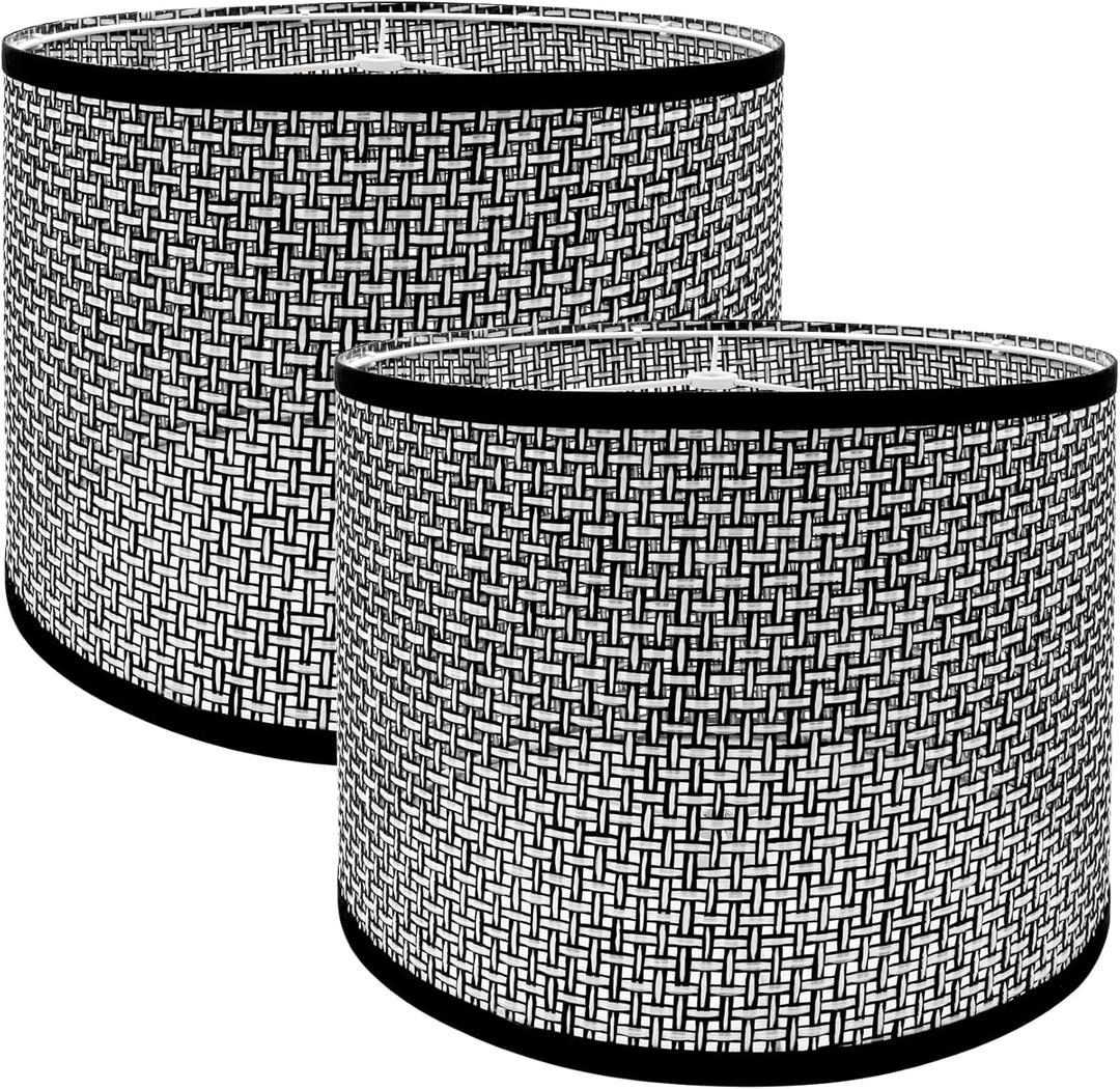 Antrader Lamp Shade Black Rattan Lampshades for Table & Floor Lamp, 13" Top x 13" Bottom x 10" High Lampshade Replacement, Easy to Assemble, Modern Drum Lamp Shades- Set of 2