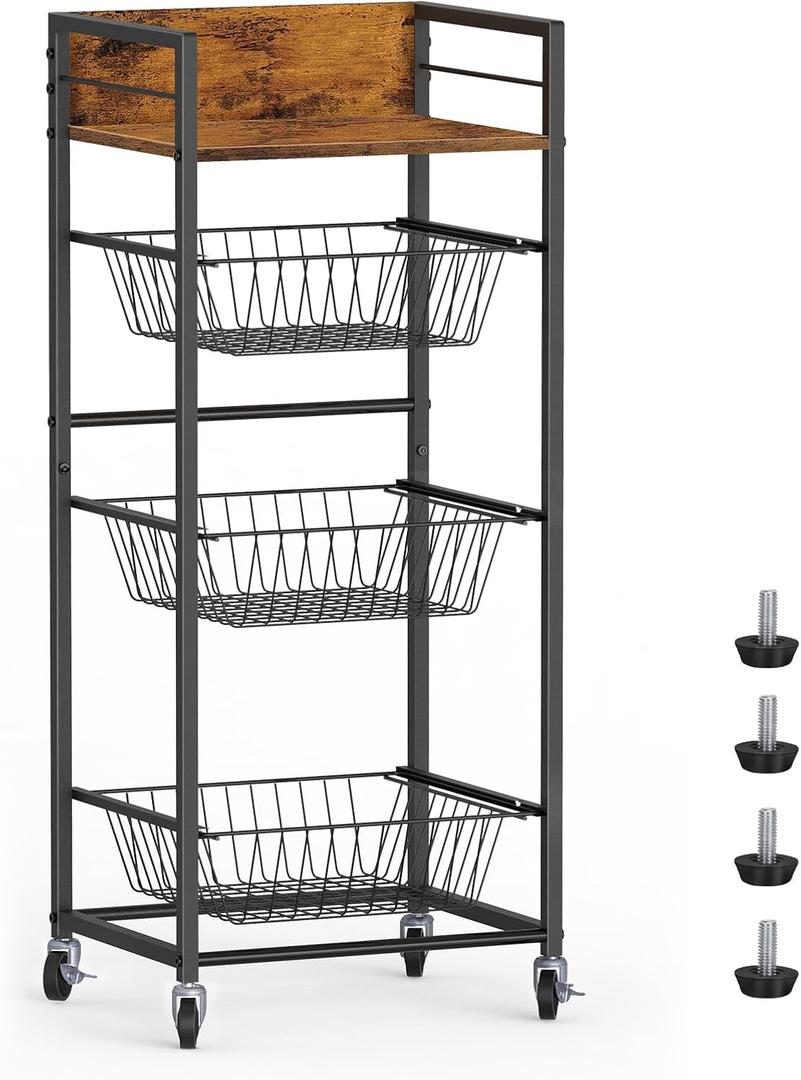 Shinoske 4-Tier Fruit Basket for Kitchen Rolling Storage Cart on Wheels with Pull-Out Baskets and Wooden Top for Living Room,Bathroom,Pantry,Corner,Rustic Brown