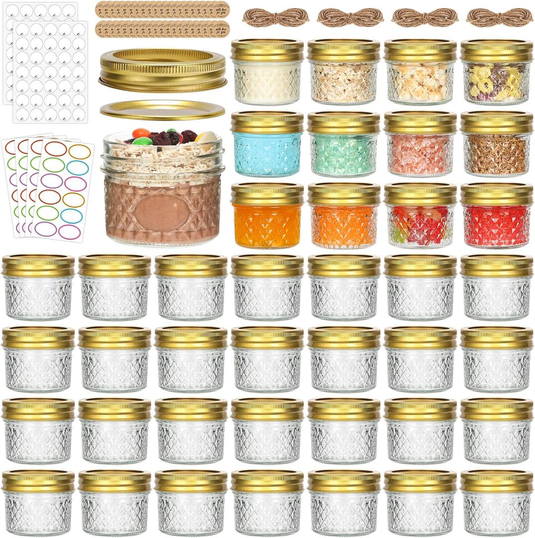 40 Pack 4 oz Mini Glass Mason Jars | Regular Mouth Canning Jars with Golden Lids and Bands, for Honey, Jam, Jelly, Spices, Body Butters, DIY Candles