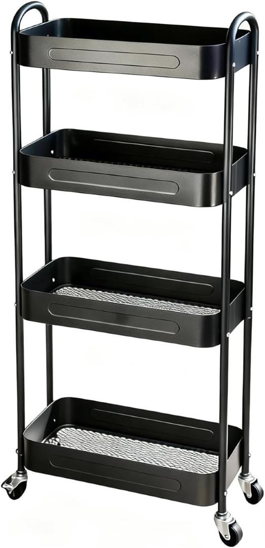 4 Tier Slim Storage Cart with Wheels for Laundry Room Between Washer and Dryer, 7.1'' Narrow Rolling Cart with Wheels and Lockable Casters, Metal Thin Standing Shelf for Small Space, Black