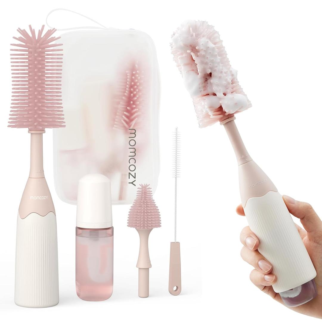 Momcozy Bottle Brush Kit, Innovative Push-Press Design for Better Cleaning - Baby Bottle Cleaner Brush for Baby Bottle, Breast Pumps, Nipples, and More - Can Generate Foam for Better Cleaning, Pink (Press Bubble Style)