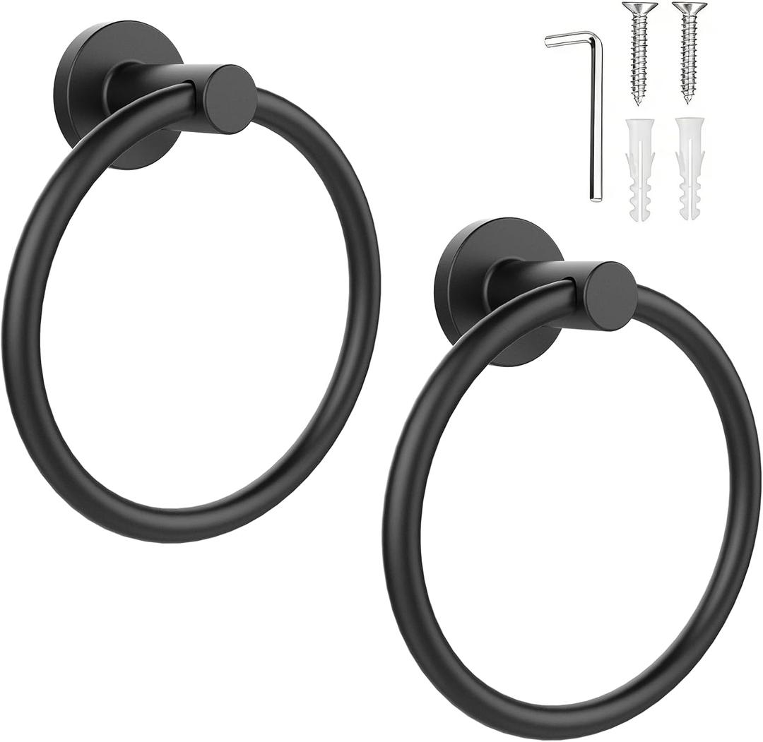 SetSail Towel Holder for Bathroom Wall Matte Black Towel Ring Stainless Steel Heavy Duty Hand Towel Hanger for Bath, Kitchen, 2 Pack