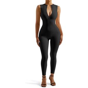 SUUKSESS Women Ribbed Seamless One Piece Jumpsuits Zip Up Sexy Bodycon Romper (#1 Black), S