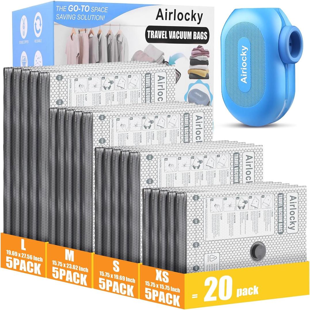 Travel Vacuum Bags with Rechargeable Pump, 20 Pack Compression Packing Bags with 35KPA Electric Pump, 90% Space Saver for Clothes, Vacuum Seal Bags fo Carry-on Luggage Suitcase, 20 Combo Travel Sizes