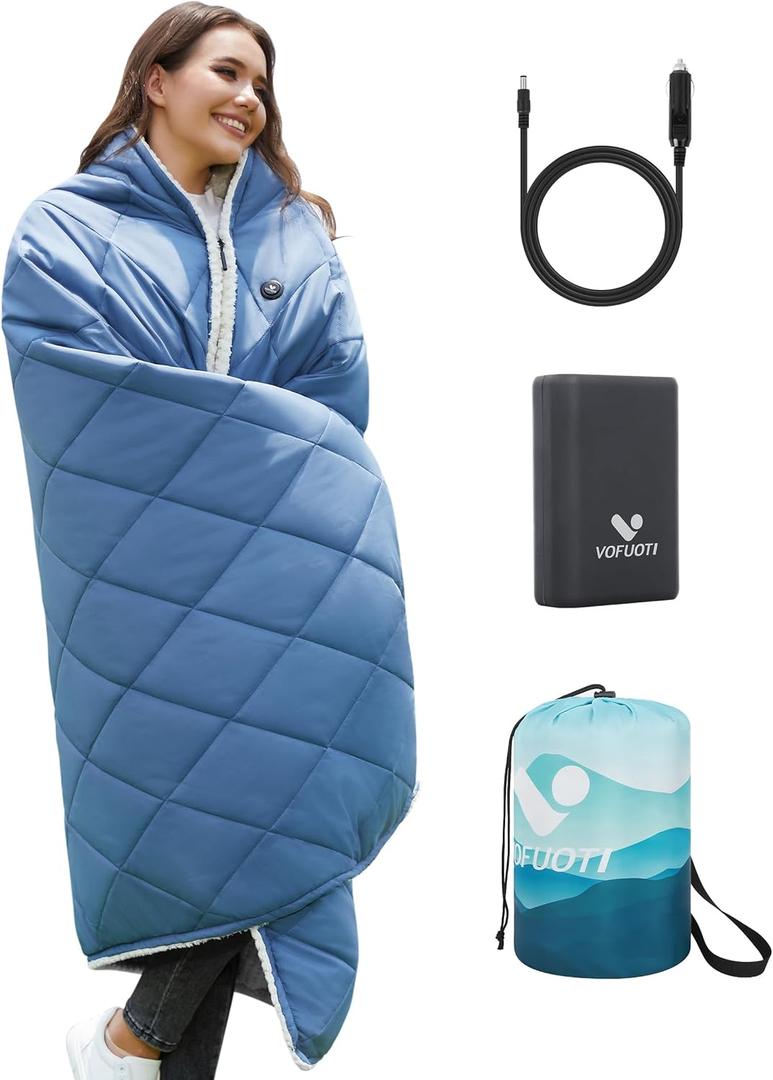 Heated Blanket Battery Operated,12V Heated Shawl Throw Blanket,Cordless heating pad with 15000 battery,Wearable Heated Blanket,Sherpa Lining,3 Heating Set for Car,Camping,Backpacking,Hiking,Travel (70"x 50", Blue)