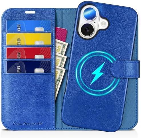 TUCCH Case Wallet for iPhone 16, Removable [2 in 1] [Wireless Charging] PU Leather Magnetic Stand RFID Blocking [4 Card Slots] Detachable Protective Folio Compatible with iPhone 16, Klein Blue