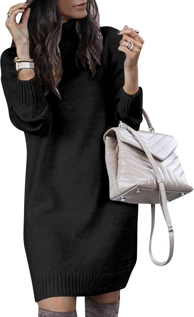 SENFURE Women Turtleneck Sweater Dress Oversized Long Sleeve Knit Pullover Fall Sweater Short Dresses (Medium, Black)