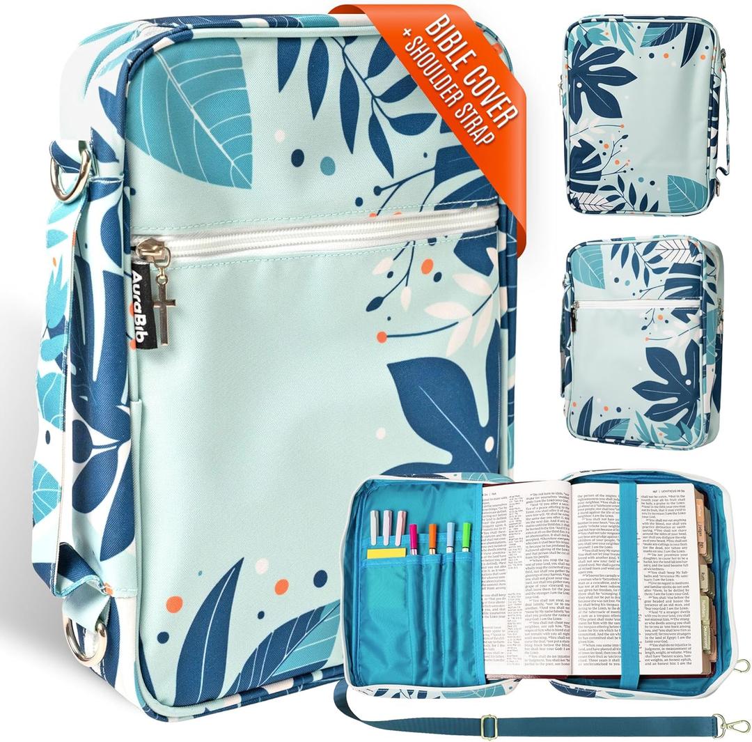 Large Bible Cover Case for Women  Zipper Bible Bags for Women & Girls - Waterproof Oxford 300D, Fits Study Bibles 11"x8.25"x2.5", Cross Metal Pullers, Premium Christian Gift Box (Floral Blue)