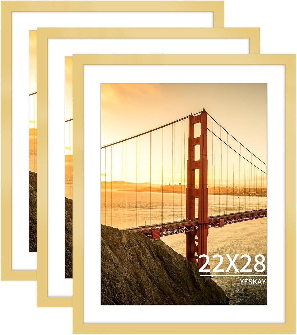 22x28 Picture Frame Gold Set of 3, Display Pictures 18x24 with Mat or 22 x 28 Without Mat, Poster Frames 22x28 for Wall Hanging Horizontal and Vertical