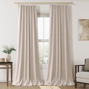 Oatmeal Pinch Pleated Linen Blackout Curtains 90 Inches Long for Living Room 2 Panel Set 100% Black Out Pinch Pleat Hooks Rings Back Tab Drapes 90 Inch Curtain with Liner Bedroom Window