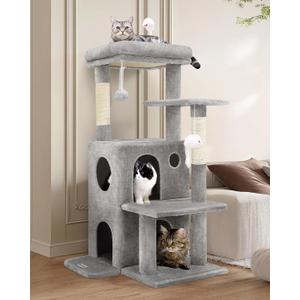 Globlazer Cat Tree Tower for Indoor Cats, 50-inch Adult Cat Tree House for Large Adult Cats with Steps, Scratching Post, 2 Cat Caves, Dangling Toys, FC50, Light Grey