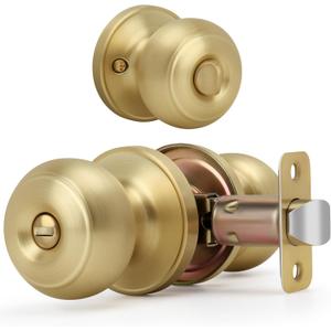 Brushed Gold Flat Ball Door Knob with Lock, Keyless Privacy Round Design Doorknob for Bathrooms/Bedrooms, Satin Brass Finish (1 Pack)