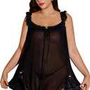 OYOANGLE Women's Plus Size Lace Sheer Chemise Nightgown and Thongs 2 Piece Lace Babydoll Lingerie Set (X-Large Plus, Black)