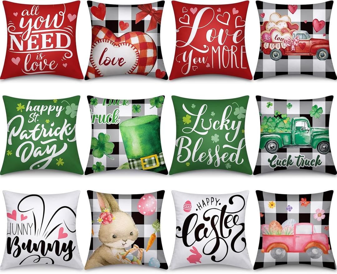 Preboun Set of 12 Holiday Pillow Covers 18 x 18 Inch Valentine's Day St. Patrick's Day Easter Love Heart Clovers Bunny Eggs Cushion Case Home Buffalo Plaid Pillow Case for Happy Home Decor(Lovely)