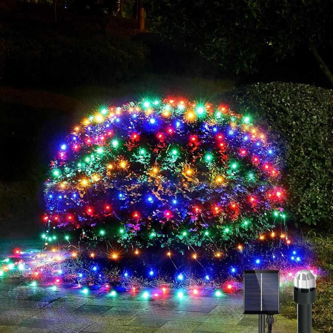WBao Solar Christmas Lights Outdoor 200LED F8 Big Bulbs, 8.4ft x 5.2ft Christmas Net Lights with Remote Control, 8 Modes, Timer, Waterproof for Lawn, Bushes, Trees Outdoor Xmas Decorations, Multicolor