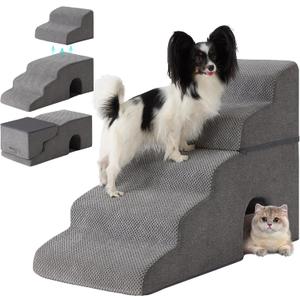 Dog Stairs for Bed 23 H, 5-Step Dog Steps for High Bed, Foldable Pet Stairs for Small Dogs and Cats to Get on Beds, Couch, Non-Slip Balanced Pet Steps and Ramp with Waterproof Cover, Grey