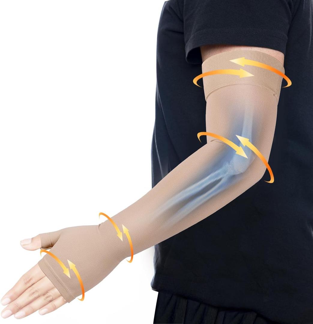 Hiball Lymphedema Medical Compression Arm Sleeve with Gauntlet, 20-30 mmHg Graduated Compression Full Arm Support for Women Men, Long Pressure Arm Hand Brace for Arthritis, Bursitis, Edema, Nerve Pain (XX-Large, Beige (Single))