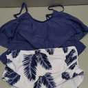 Women's Tankini Swimsuits Ruffled Tank Top Tummy Control Floral Modest Swimwear High Waisted Bikini (Medium, Blue/White)