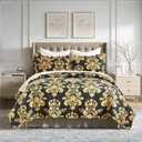 Black Yellow King Size Quilt Set -100% Cotton Farmhouse King Quilt,Black and Yellow Floral Printed Quilts, 3 Pieces Reversible Lightweight Bedspread, King Quilt Bedding Set for All Seasons