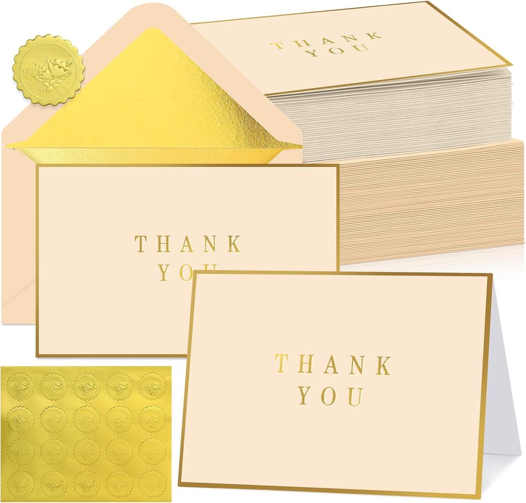 Gueevin 60 Pcs Thank You Cards with Envelopes and Stickers Bulk 3.5 x 5 Inch Gold Border Blank Thank You Notes Cards or Graduation, Teacher, Employee Appreciation, Wedding, Anniversary (Gold & Beige)