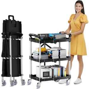 Foldable Rolling Book Cart, 3 Tier Folding Utility Service Carts with Wheels Lockable Handles for Women No Assembly Storage School Restaurant Warehouse Garage 180LBS Capacity