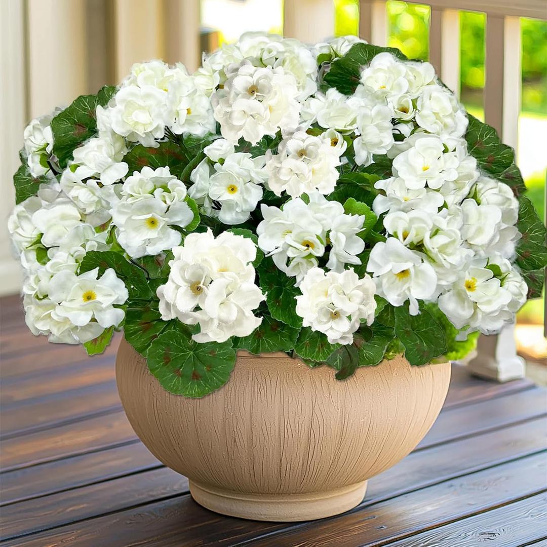Artificial Geraniums Flowers for Outdoors Summer Decor, 4 Bundles UV Resistant Fake Geraniums Flowers Silk Faux Plants for Home Planter Gardens Table Patio Porch Indoor Spring Cemetery Decor(White)