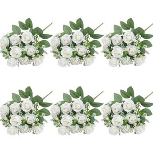 Ritzephyria 6-Pack White Silk Rose Bouquets, 60 Roses Artificial Flowers Heads with Faux Baby's Breath Stems Leaves, Fake Roses for Wedding Bouquets, Centerpieces & Home Table Décor