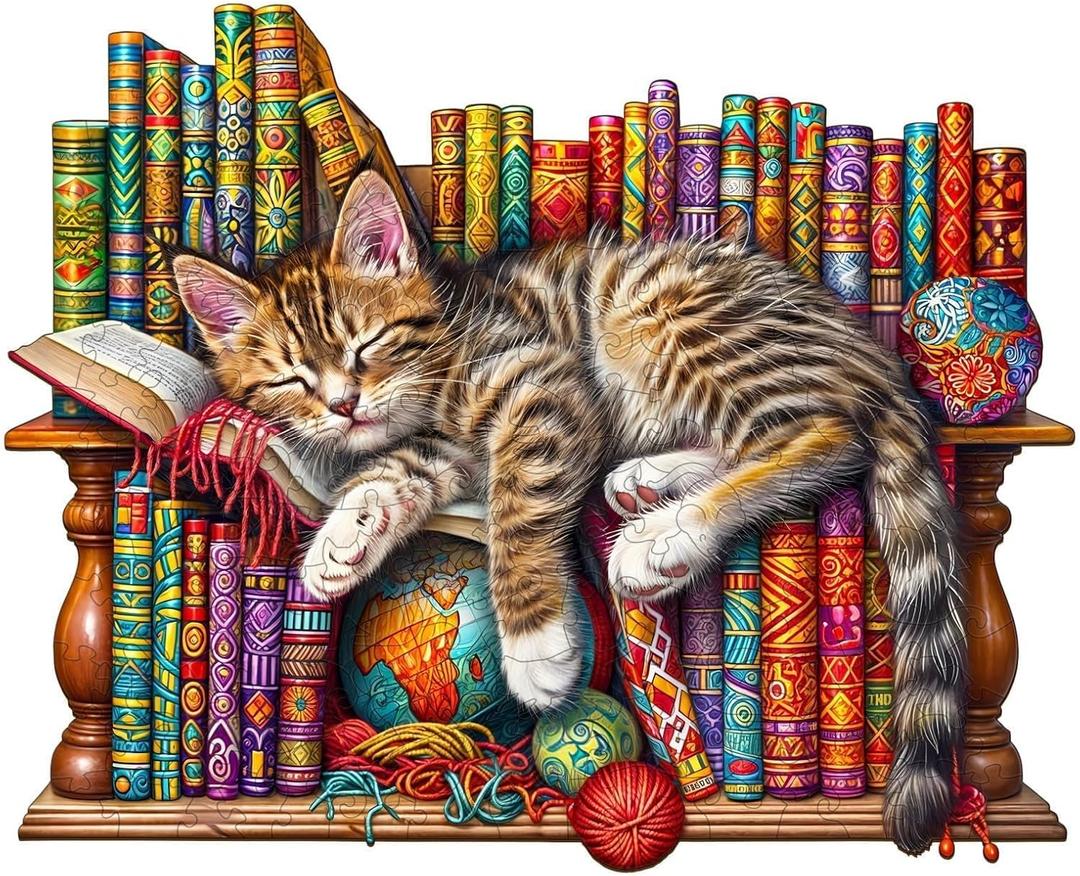 Wooden Puzzles for Adults, Snoozing Cat Wooden Jigsaw Puzzles for Adults, Library Kitten Wood Puzzles Adult, Unique Animal Shape, Gifts for Cat Lovers & Friends, Home Decor (M -11.4 * 9.2in -190 pcs)